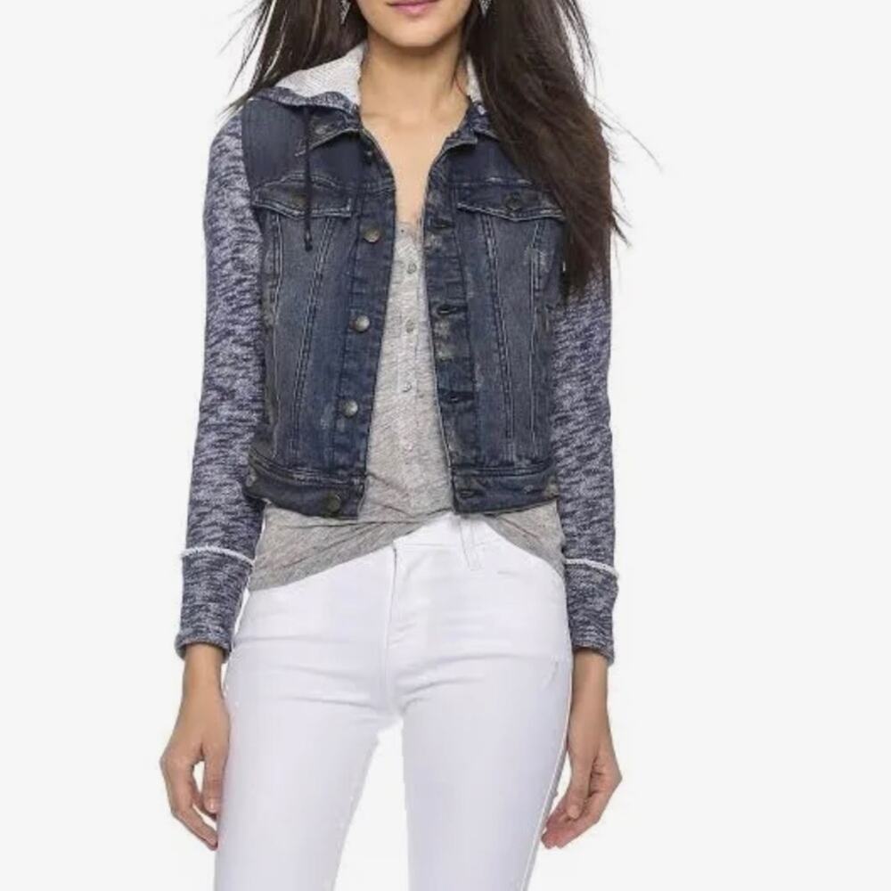 Free People jacket women's small denim rib knit distressed button front gray